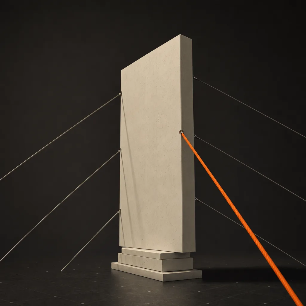 Dalle verticale maintenue par des câbles tendus dont un seul est orange, posée sur un socle de blocs empilés