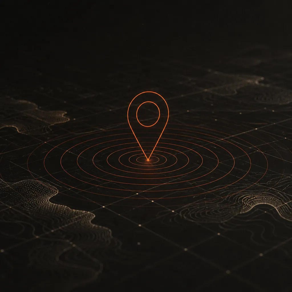 Repère de carte orange au centre de cercles concentriques posés sur un relief sombre