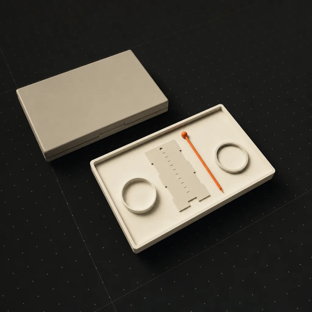 Plateau de quatre instruments de mesure simples, un seul en orange, posé à côté d'une mallette restée fermée