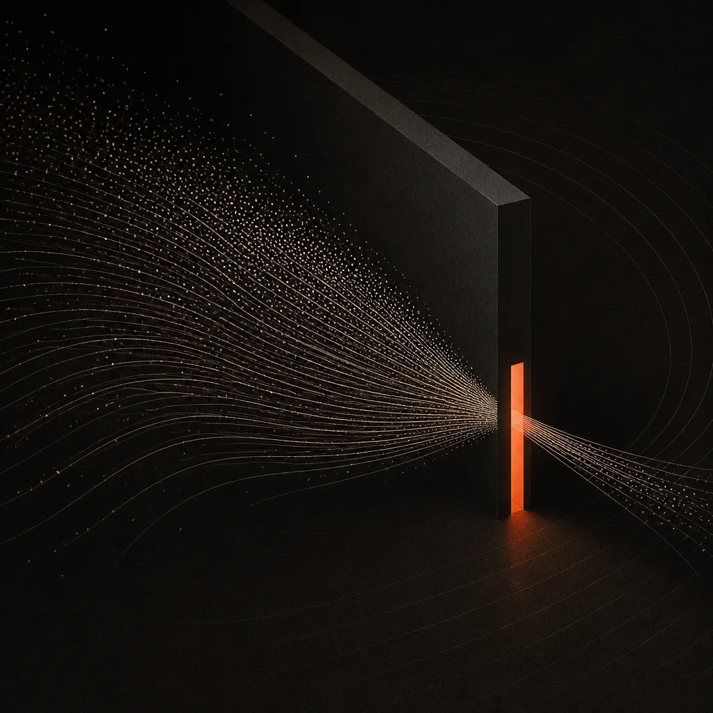 Bloquer les robots IA par précaution coupe la visibilité sur ChatGPT : une nappe de filaments lumineux converge vers un mur sombre et une fine gerbe seulement passe par la fente orange