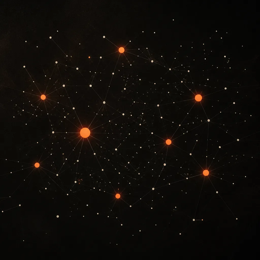 Réseau de points reliés où quelques nœuds orange concentrent les connexions, image des mentions de marque qui font apparaître un site sur ChatGPT