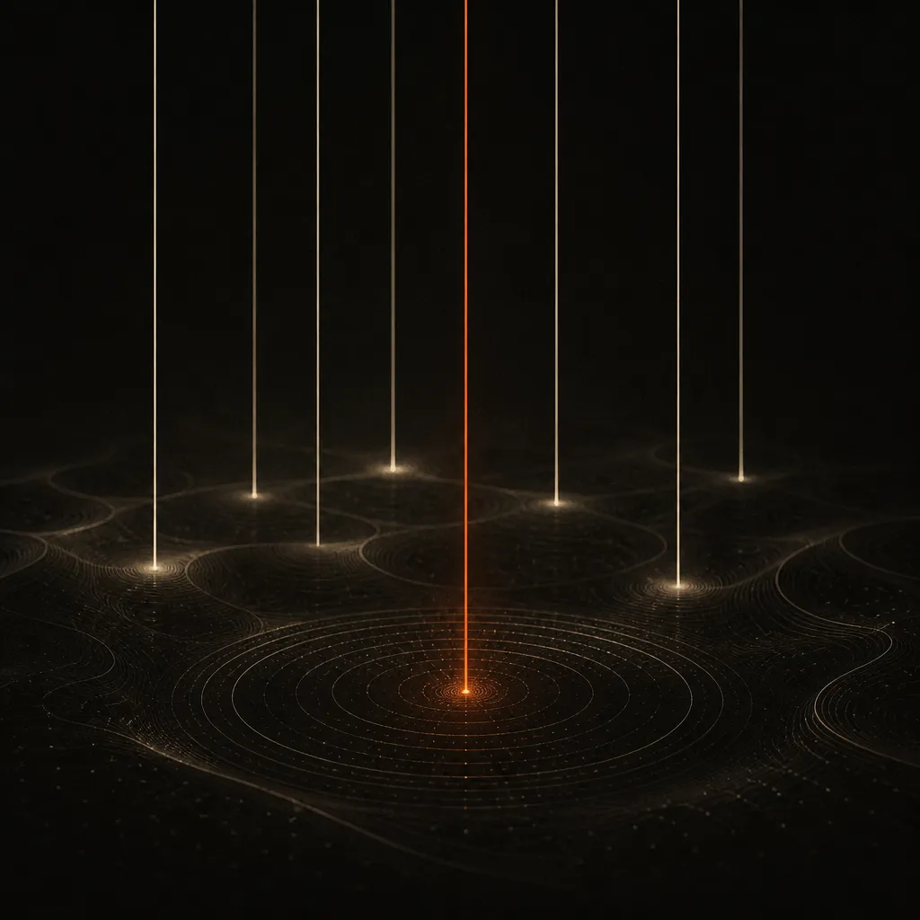 Les robots d'exploration des moteurs génératifs : des faisceaux verticaux touchent une surface sombre, un seul en orange, chacun y creusant des cercles concentriques