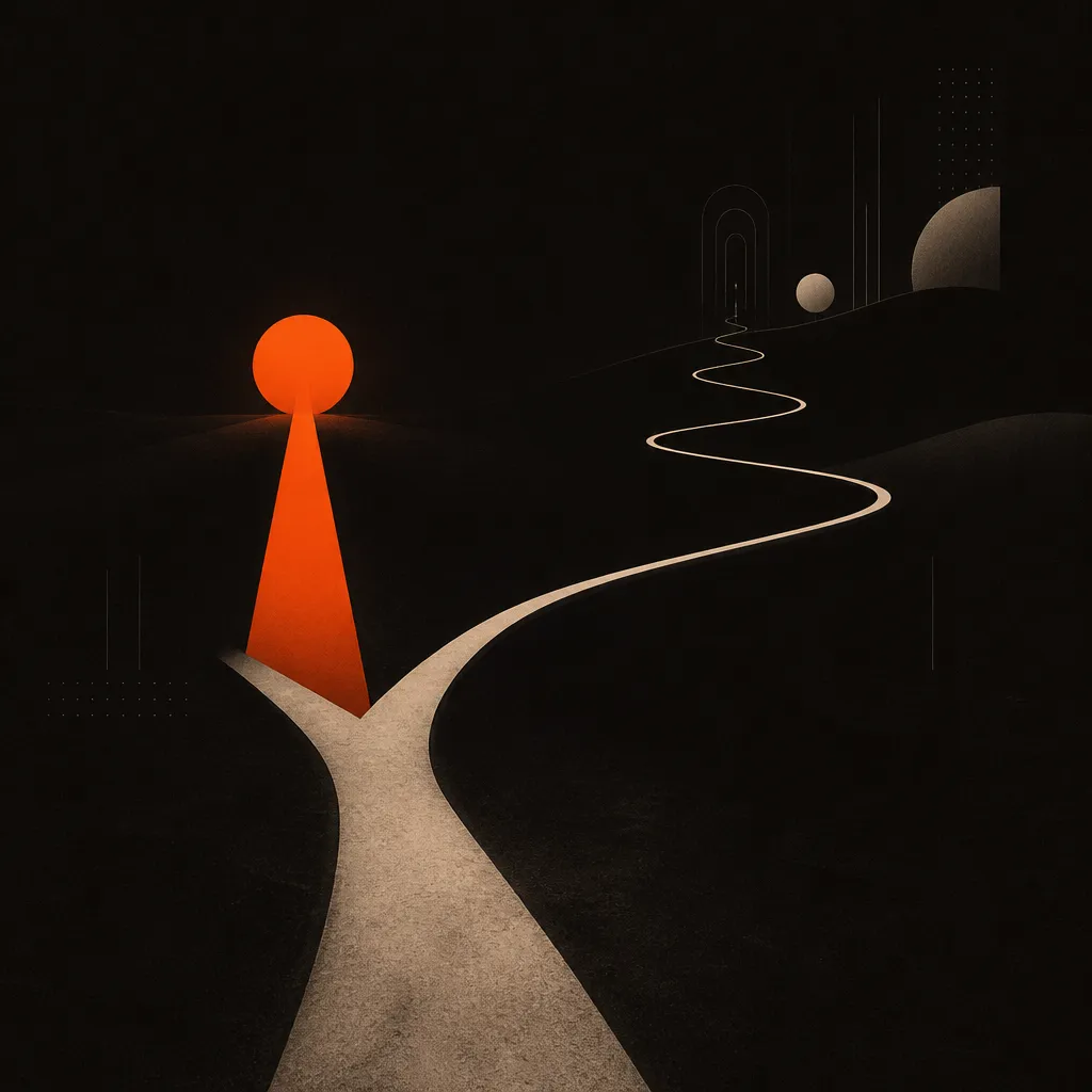 Apparaître sur ChatGPT dépend du type de requête : un chemin pâle bifurque, une branche courte vers un repère orange tout proche, l'autre serpente vers un horizon lointain