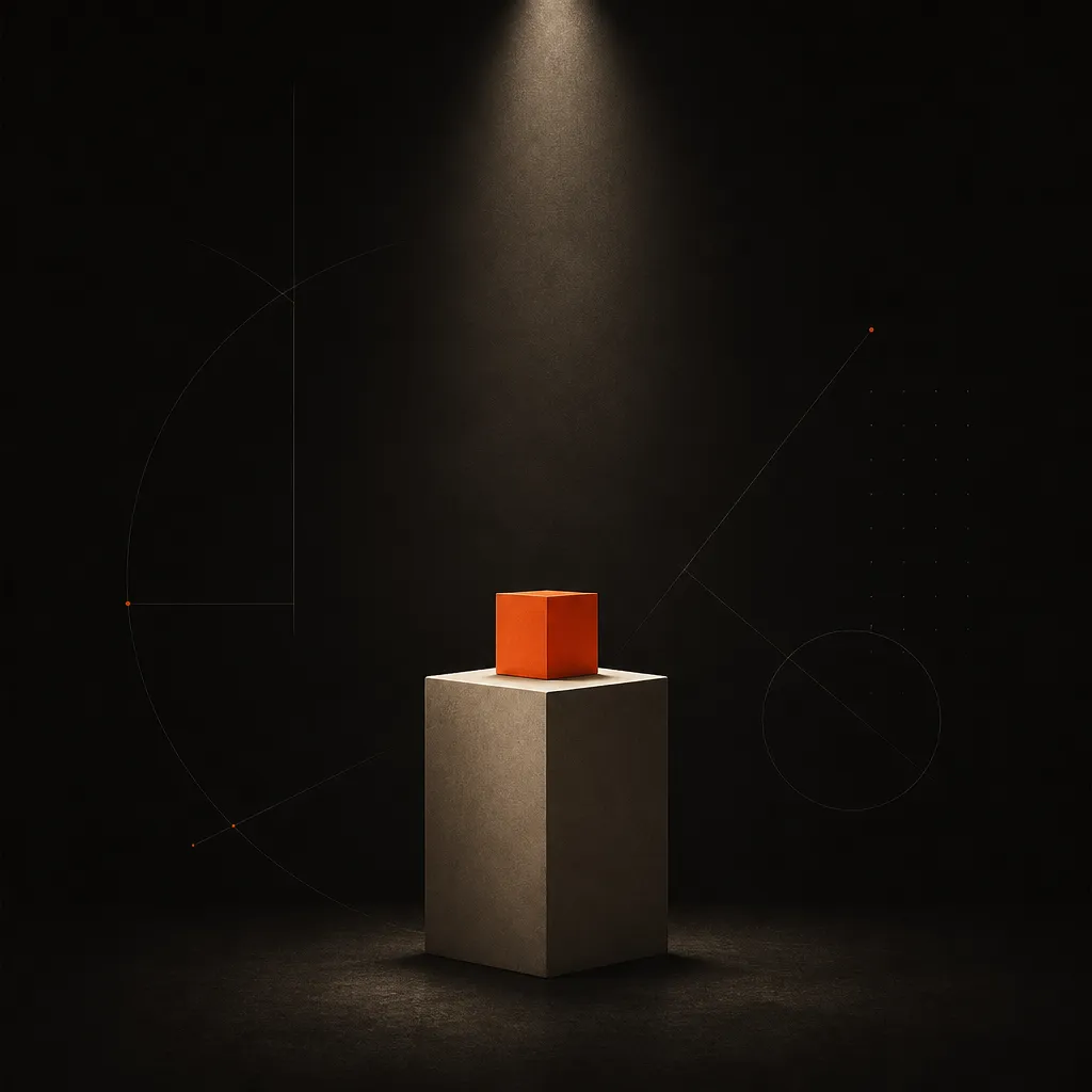 Le produit en propre&nbsp;: un cube orange posé seul sur un socle, sous un projecteur