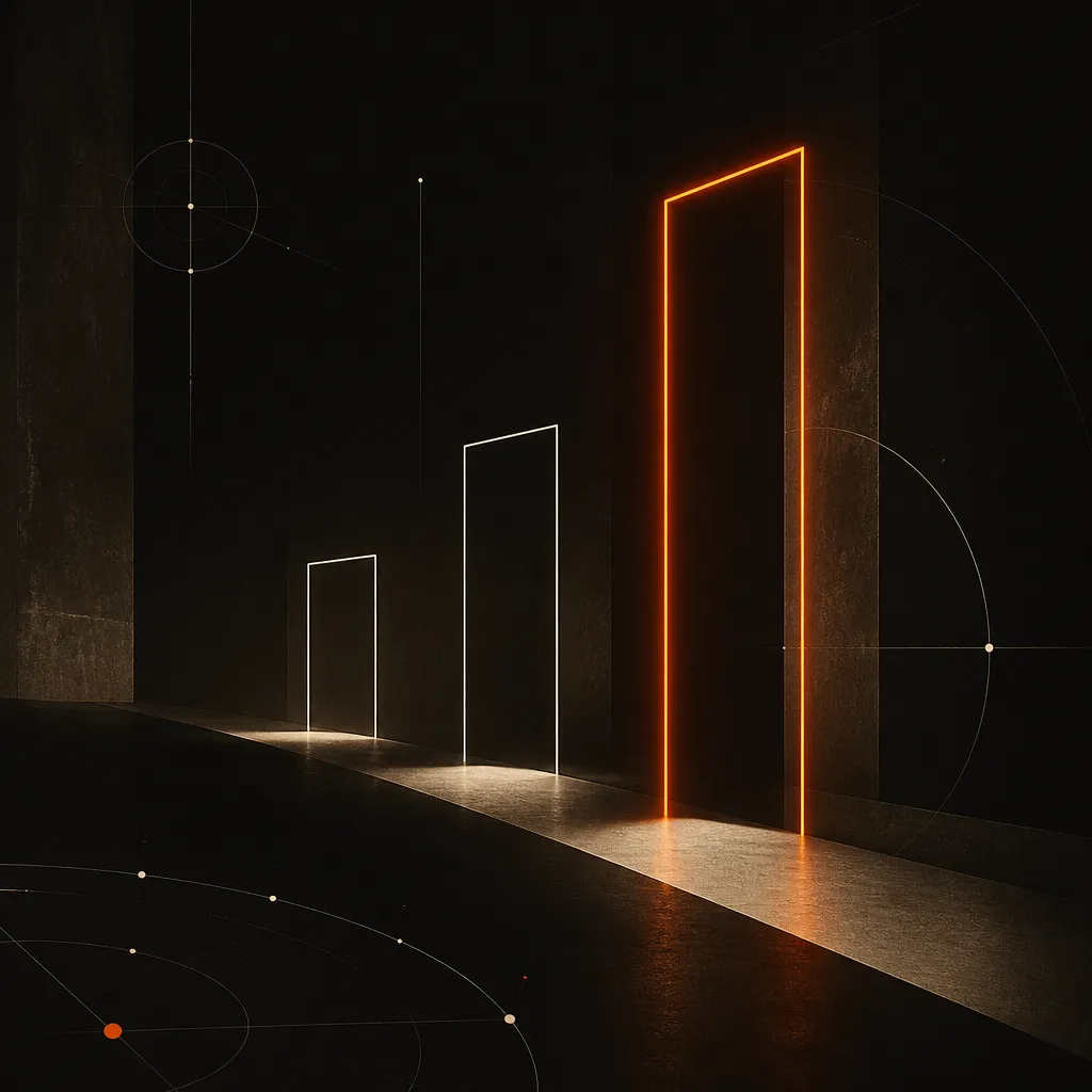 Les seuils d'entrée des régies publicitaires premium&nbsp;: trois portes lumineuses de hauteurs croissantes, la plus haute en orange