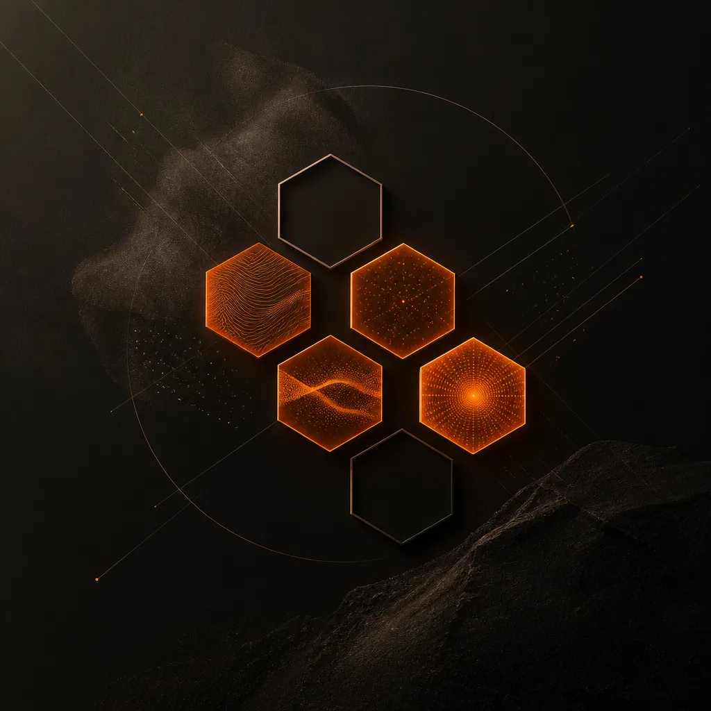 Six hexagones dont quatre allumés, figurant les six critères d'un site internet qui apporte plus de clients